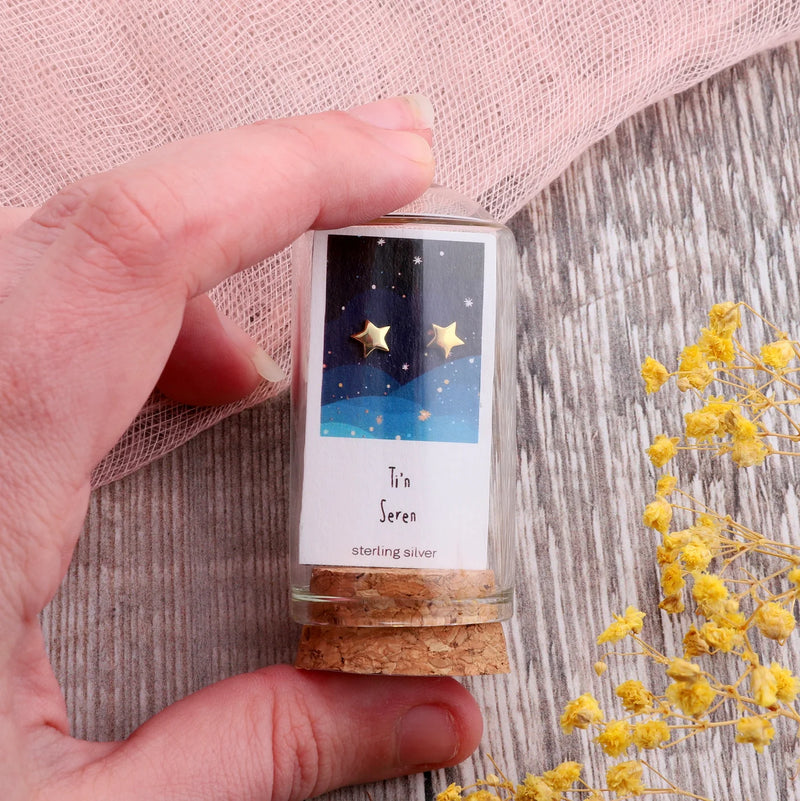 Clustdlysau Styd Sere - Ti'n Seren | Star Stud Earrings - Gold