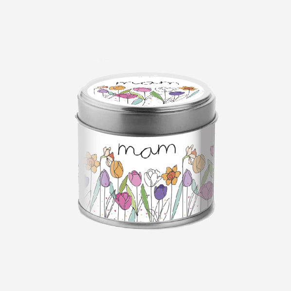 Cannwyll Bersawrus - Mam | Fragranced Tin Candle - Mam, Tulips & Daffodils.