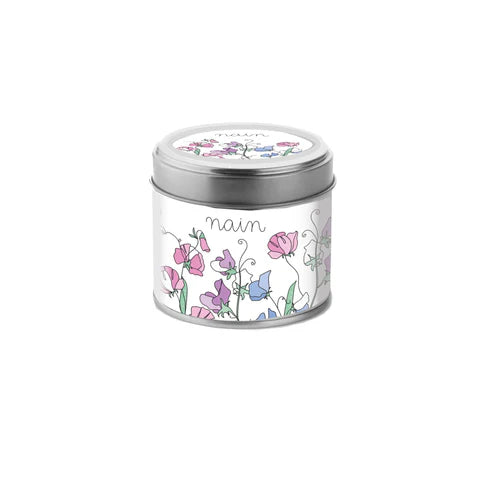 Cannwyll Bersawrus - Nain | Fragranced Tin Candle - Nain, Sweet Peas.