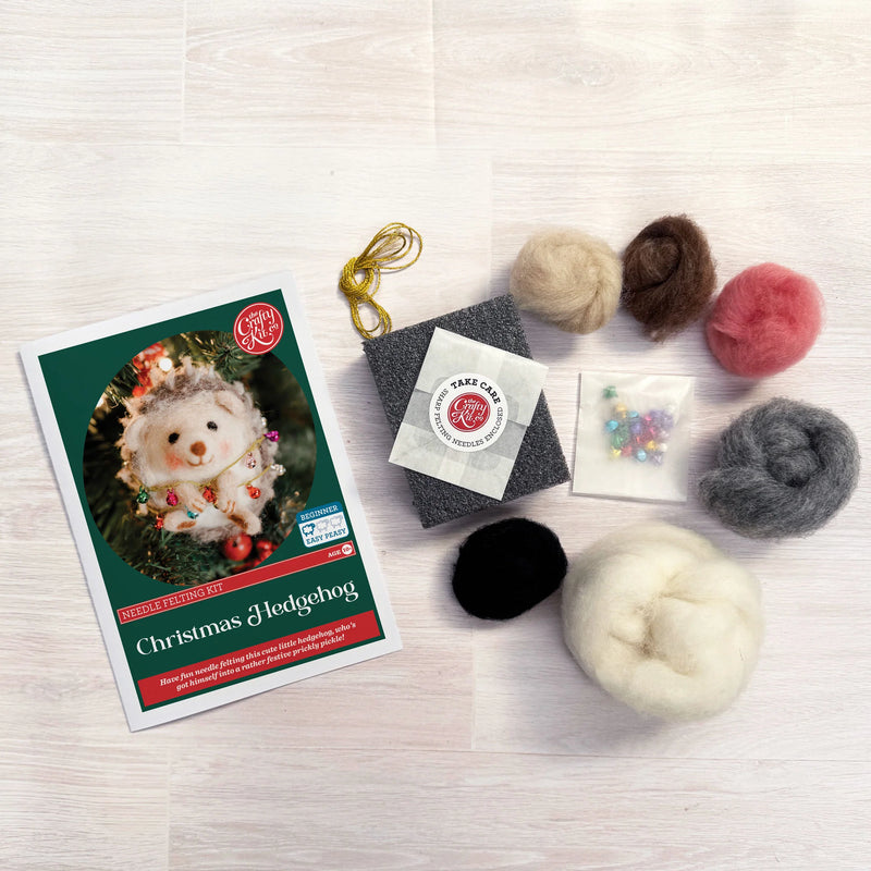 Pecyn Ffeltio Nodwydd - Draenog Nadolig | Needle Felting Craft Kit - Christmas Hedgehog