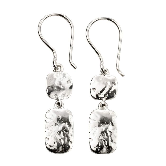 Clustdlysau Arian | Sterling Silver Earrings - Hammered Double Drop