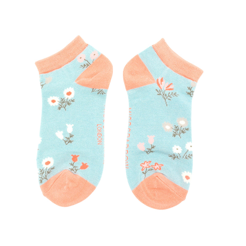 Sanau Treinyrs - Blodau Bychain | Miss Sparrow Trainer Socks - Dainty Floral Duck Egg