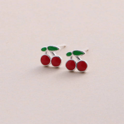 Clustdlysau Styd Ceirios - Lyfli | Cherries Stud Earrings - Silver