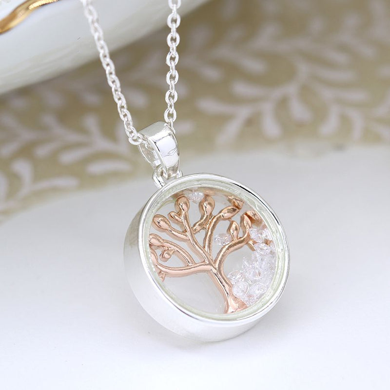 Cadwen Coeden Aur Coch a Crisialau | Rose Gold Tree and Crystals Necklace