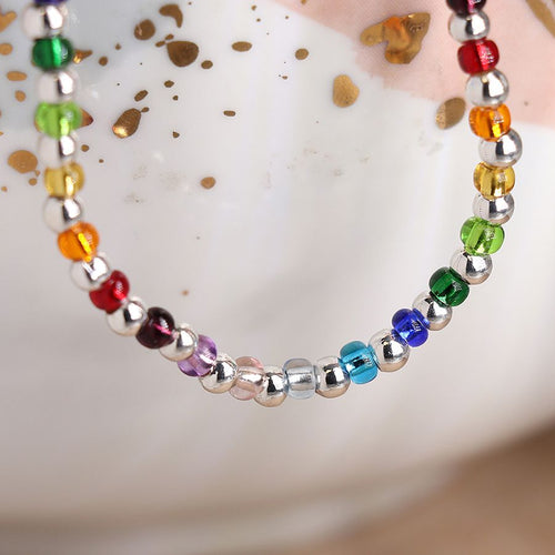 Breichled Gleiniau Gwydr Lliwiau'r Enfys | Silver Plated and Rainbow Glass Bead Bracelet