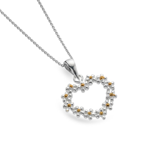 Cadwyn Calon o Flodau Arian | Daisy Heart Silver & Gold Plate Necklace