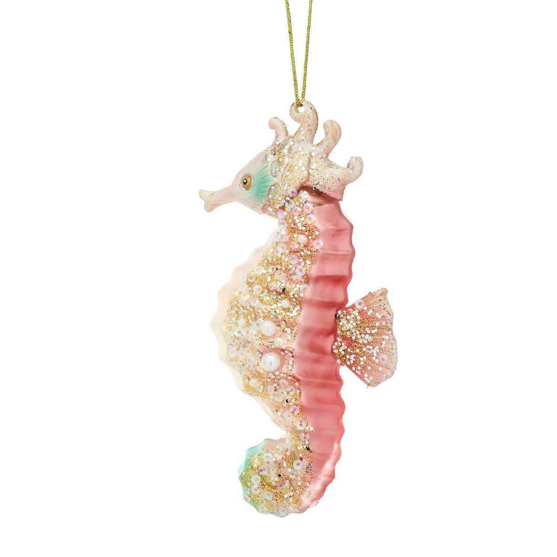 Addurn Nadolig Gwydr | Christmas Glass Bauble - Pink Seahorse