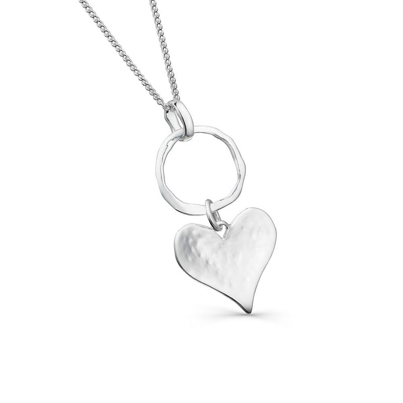 Cadwyn Cylch a Chalon Arian | Silver Circle & Heart Necklace