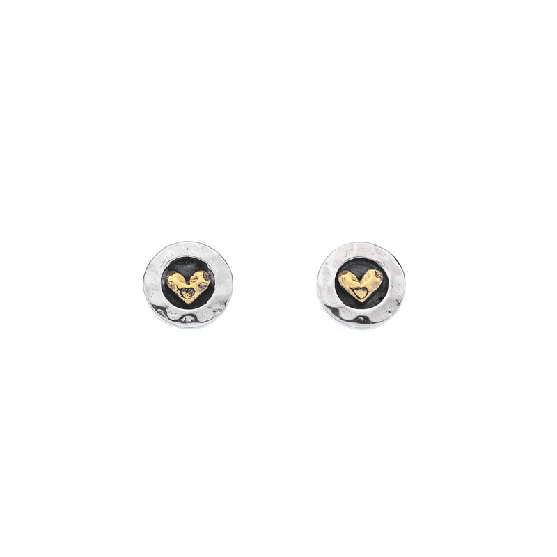 Styds Calon Mewn Cylch Arian | Heart in Circle Silver & Brass Studs