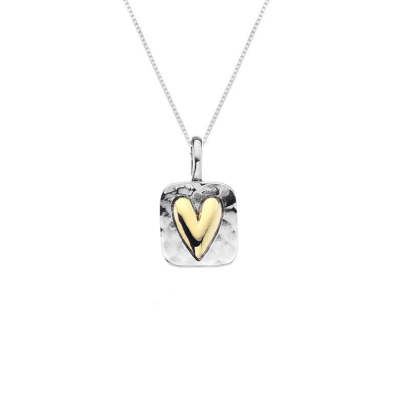 Cadwyn Calon Ar Hirsgwar Arian | Rectangle Heart Silver & Brass Necklace