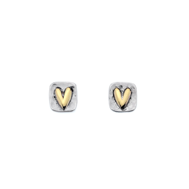 Styds Calon ar Hirsgwar Arian | Rectangle Heart Silver & Brass Studs