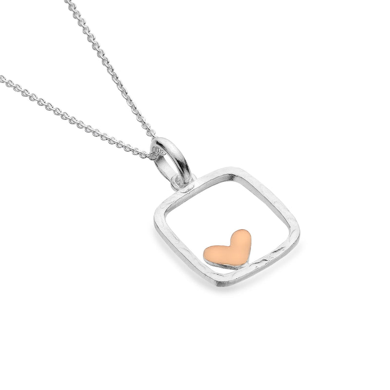 Cadwyn Calon Mewn Ffram Arian  | Rose Gold Heart in Silver Frame Necklace