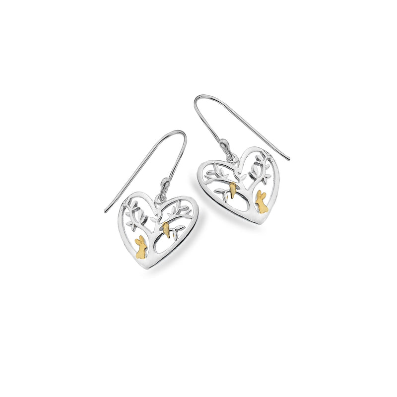 Clustdlysau Calon, Coeden a Chwningen Arian | Heart, Tree & Rabbit Gold Plated & Silver Earrings
