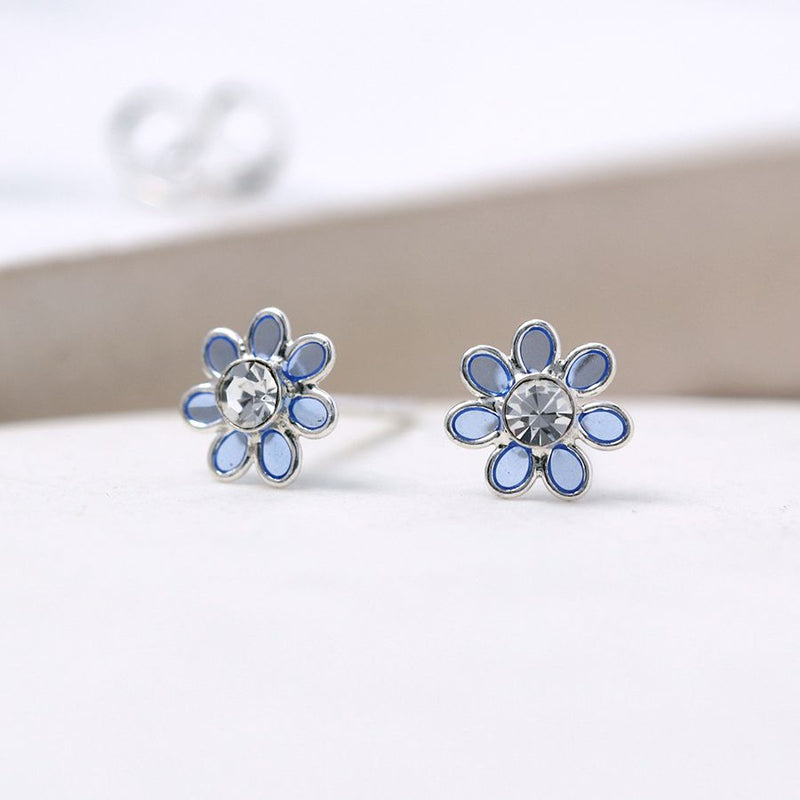 Clustdlysau Styd Arian | Sterling Silver Stud Earrings - Little Blue Flower