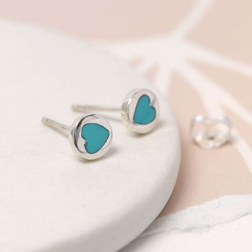 Clustdlysau Styd Arian | Sterling Silver Studs - Turquoise Heart in Circle
