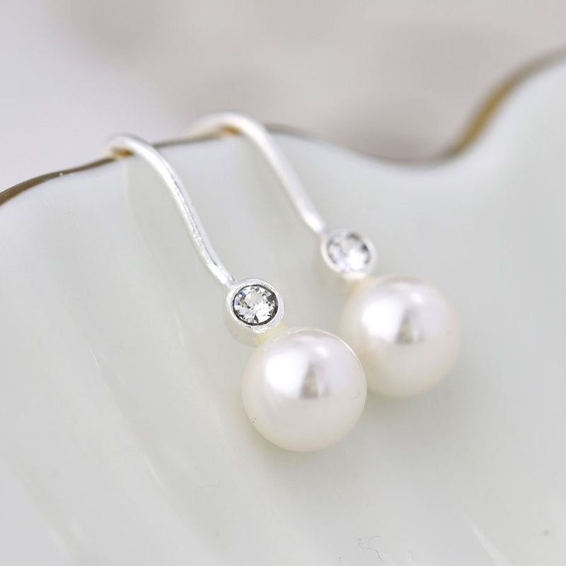 Clustdlysau Arian | Sterling Silver Earrings - Crystal Pearl Drop