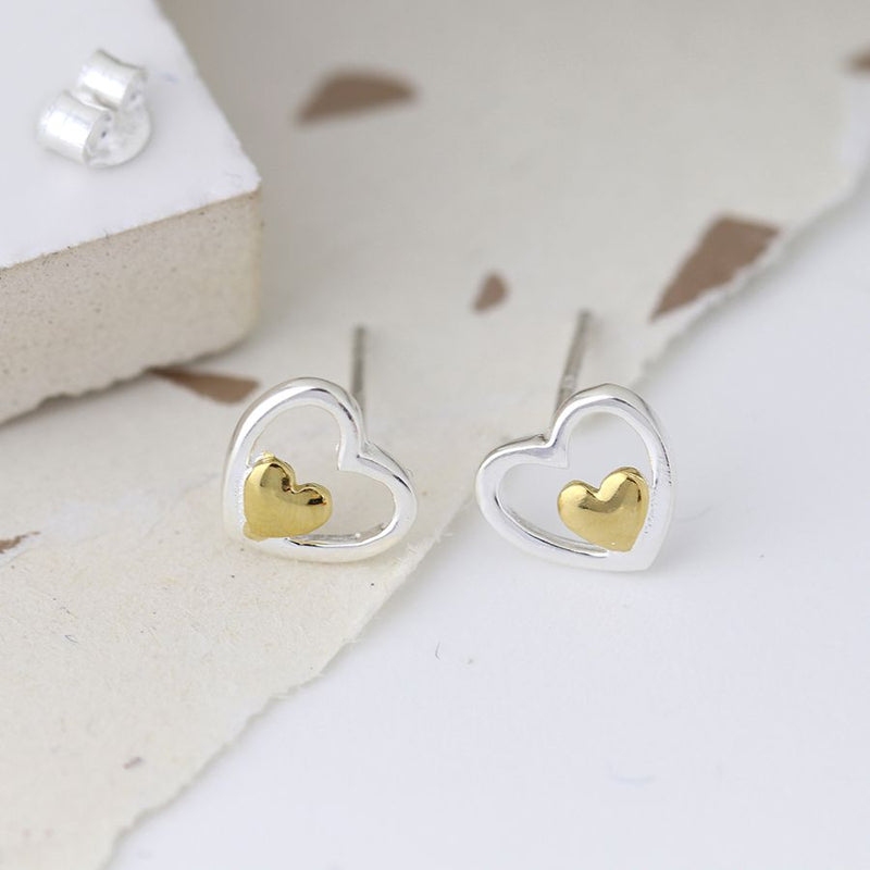 Clustdlysau Styd Arian | Sterling Silver Studs - Tiny Gold Heart in Heart