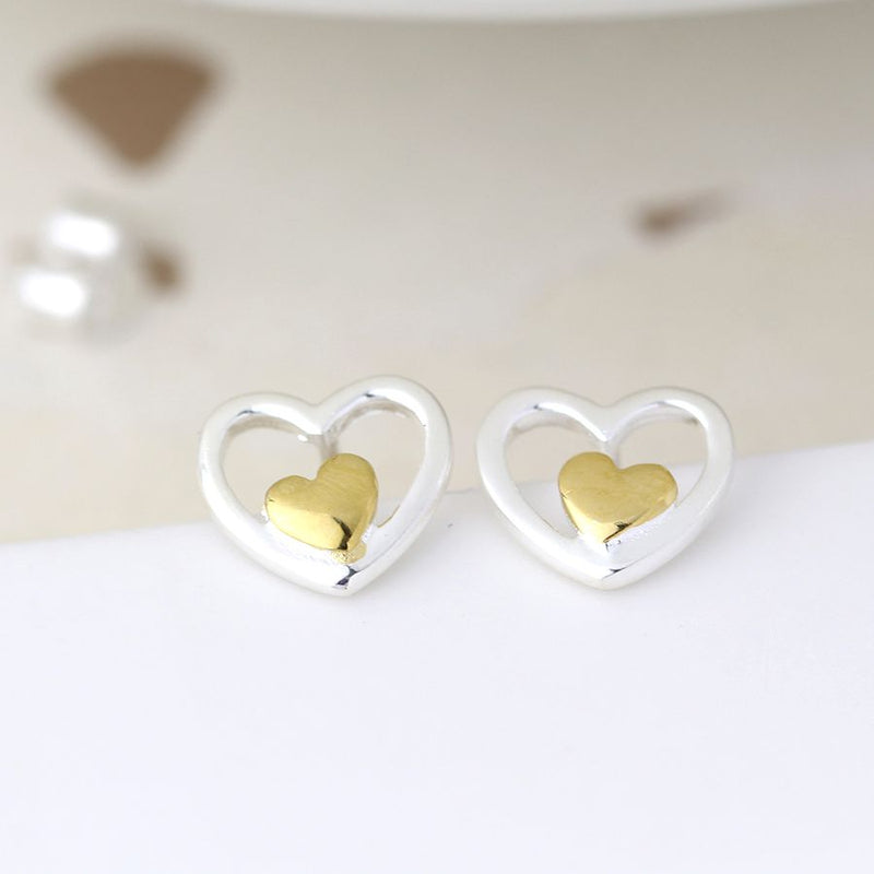 Clustdlysau Styd Arian | Sterling Silver Studs - Tiny Gold Heart in Heart