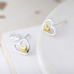 Clustdlysau Styd Arian | Sterling Silver Studs - Tiny Gold Heart in Heart