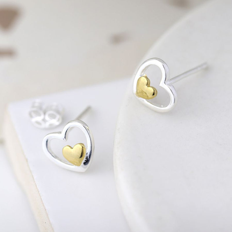 Clustdlysau Styd Arian | Sterling Silver Studs - Tiny Gold Heart in Heart
