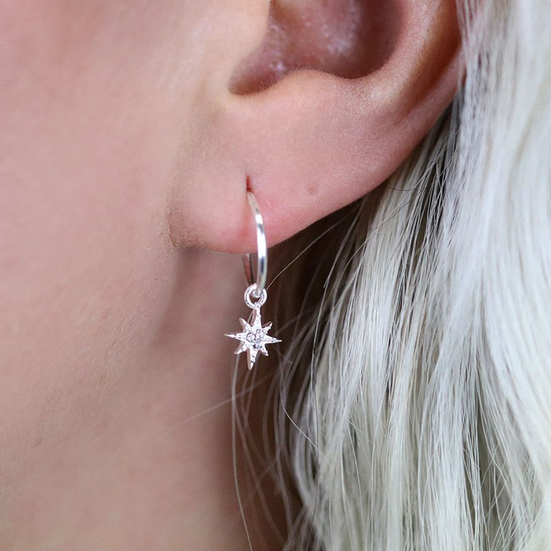 Clustdlysau Arian | Sterling Silver Earrings - Rhinestone Stars on Hoop