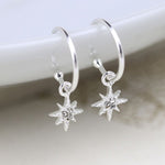 Clustdlysau Arian | Sterling Silver Earrings - Rhinestone Stars on Hoop