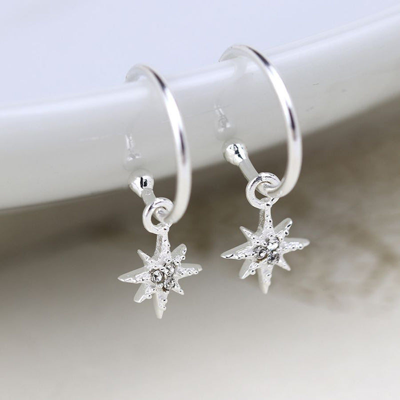 Clustdlysau Arian | Sterling Silver Earrings - Rhinestone Stars on Hoop