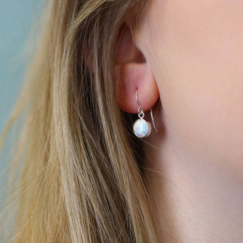 Clustdlysau Arian | Sterling Silver Drop Earrings - Round White Opal