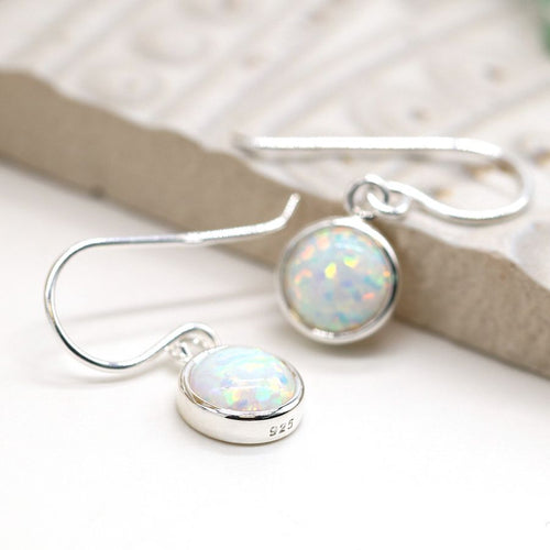 Clustdlysau Arian | Sterling Silver Drop Earrings - Round White Opal