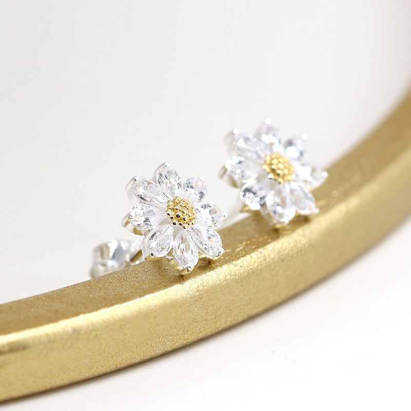 Clustdlysau Arian | Sterling Silver Earrings - Crystal and Gold Flower
