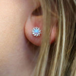 Clustdlysau Styd Arian | Sterling Silver Studs - Blue Opal Flower Burst