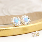 Clustdlysau Styd Arian | Sterling Silver Studs - Blue Opal Flower Burst