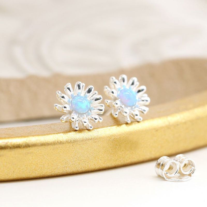 Clustdlysau Styd Arian | Sterling Silver Studs - Blue Opal Flower Burst