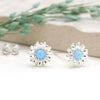 Clustdlysau Styd Arian | Sterling Silver Studs - Blue Opal Flower Burst
