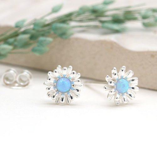 Clustdlysau Styd Arian | Sterling Silver Studs - Blue Opal Flower Burst