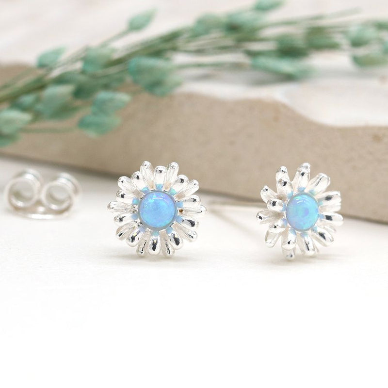Clustdlysau Styd Arian | Sterling Silver Studs - Blue Opal Flower Burst
