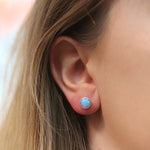 Clustdlysau Styds Arian | Sterling Silver Stud Earrings - Round Blue Opal