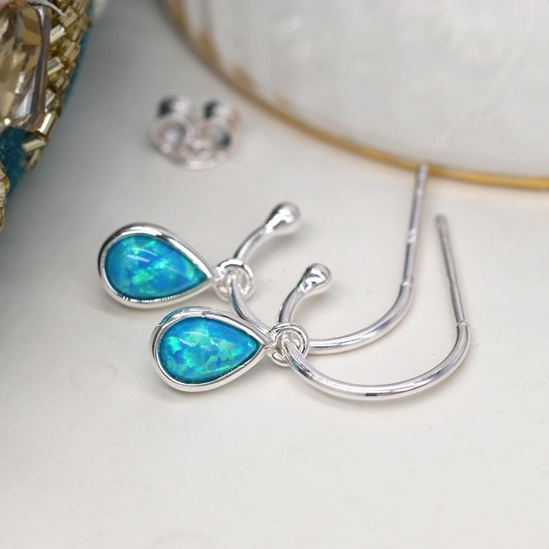 Clustdlysau Arian | Sterling Silver Earrings - Blue Opal on Half Hoop