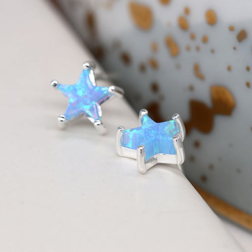 Clustdlysau Styd Arian | Sterling Silver Stud Earrings - Star Blue Opal