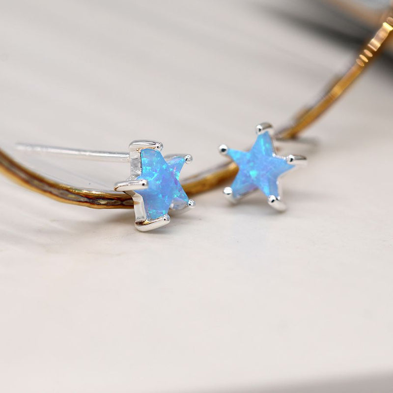 Clustdlysau Styd Arian | Sterling Silver Stud Earrings - Star Blue Opal