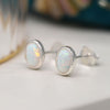 Clustdlysau Styd Arian | Sterling Silver Stud Earrings - Oval White Opal