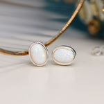 Clustdlysau Styd Arian | Sterling Silver Stud Earrings - Oval White Opal