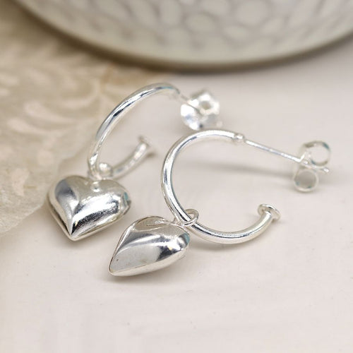 Clustdlysau Arian | Sterling Silver Earrings - Half Hoop and Heart