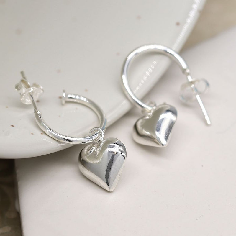Clustdlysau Arian | Sterling Silver Earrings - Half Hoop and Heart