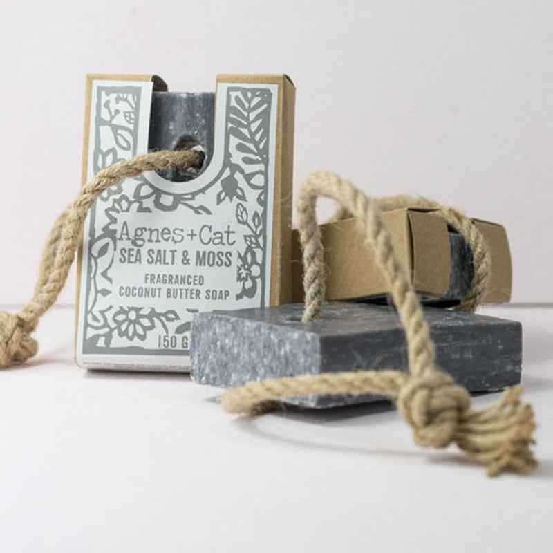 Sebon ar Gortyn | Agnes & Cat Soap on a Rope - Sea Salt and Moss