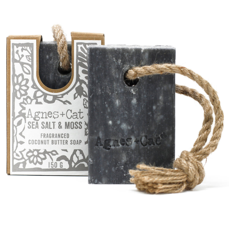Sebon ar Gortyn | Agnes & Cat Soap on a Rope - Sea Salt and Moss