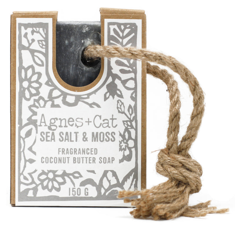 Sebon ar Gortyn | Agnes & Cat Soap on a Rope - Sea Salt and Moss